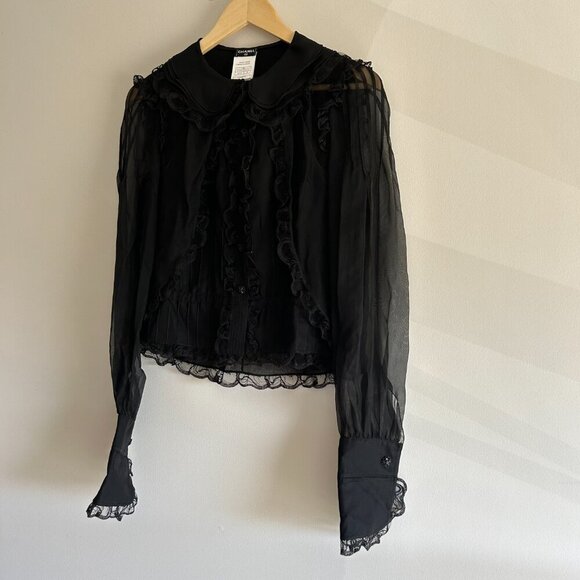 CHANEL BLACK SILK RUFFLE BLOUSE - Picture 2 of 15
